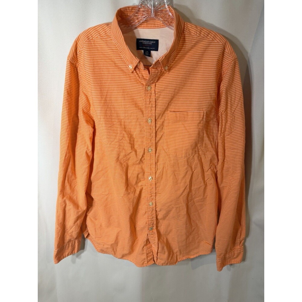 American Eagle Shirt Mens Large Orange Striped Long Sleeve Button Up Athletic